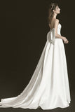 Chic Sweetheart Ivory Satin Long Beach Wedding Dress With Bowknot Y0107