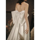 Chic Sweetheart Ivory Satin Long Beach Wedding Dress With Bowknot Y0107