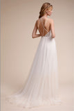 Lace Tulle Long Backless A Line Beach Wedding Dress Y0109