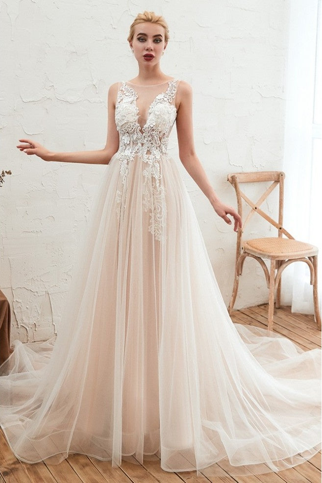 Classy Scoop Neckling A Line Long Tulle Wedding Dress With Appliques Y0113