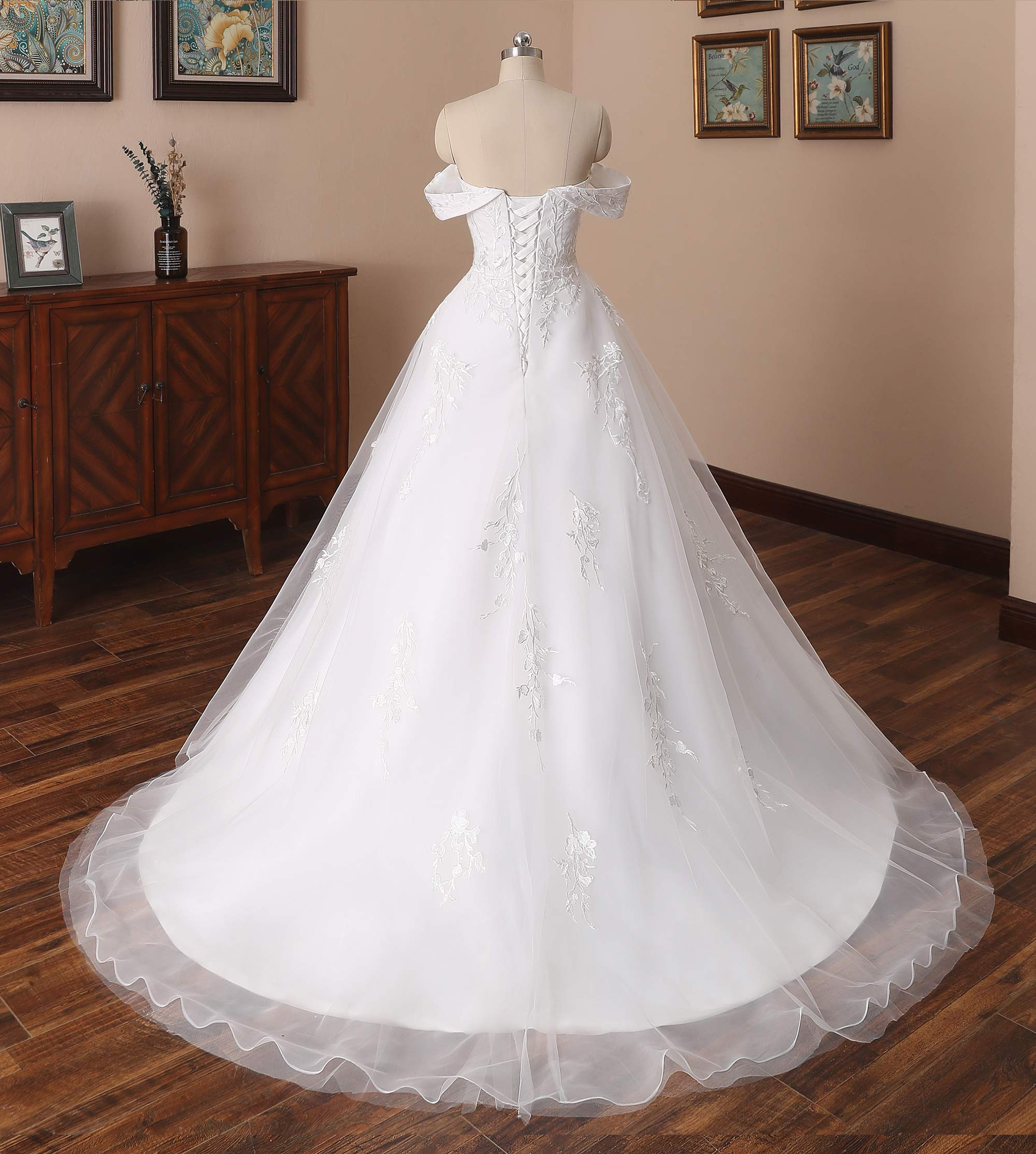 Charming Off The Shoulder Long A Line Tulle Wedding Dress With Lace Appliques Y0121