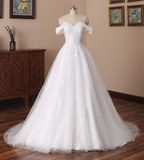Charming Off The Shoulder Long A Line Tulle Wedding Dress With Lace Appliques Y0121