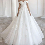 Charming Off The Shoulder Long A Line Tulle Wedding Dress With Lace Appliques Y0121