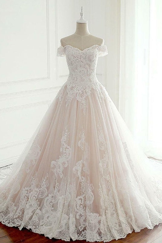 Modest Off The Shoulder Lace Tulle Ball Gown Wedding Dress Y0123