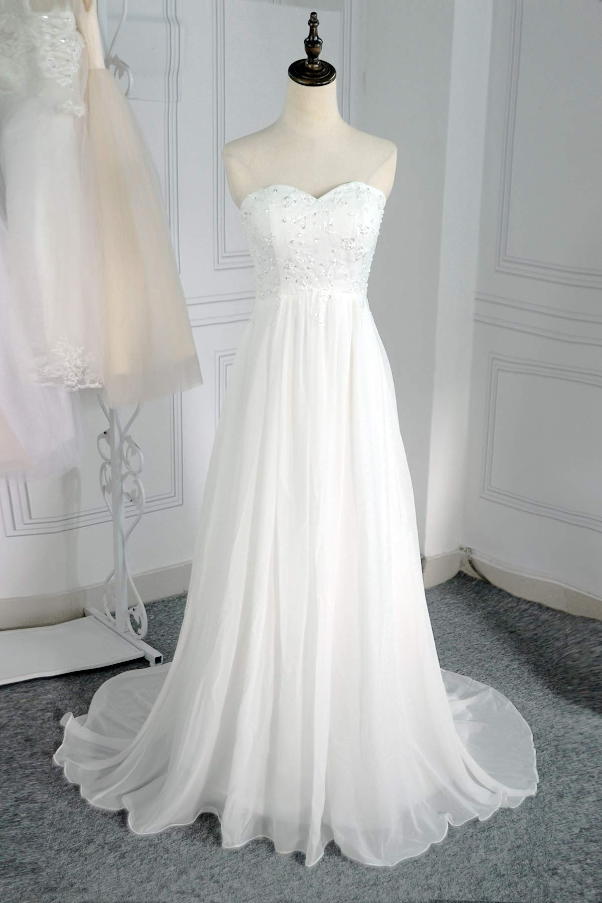Classy Sweetheart Long Ivory Lace Chiffon Beach Wedding Dress Y0124