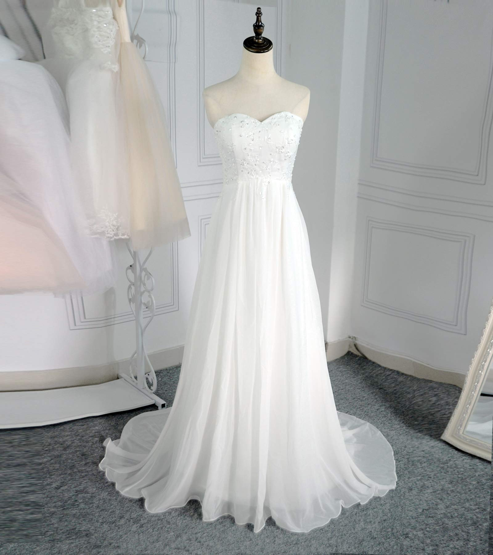 Classy Sweetheart Long Ivory Lace Chiffon Beach Wedding Dress Y0124