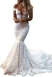 Pretty Off The Shoulder Elegant Sheer Neck Mermaid Long Lace Wedding Dress Y0128