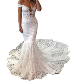 Pretty Off The Shoulder Elegant Sheer Neck Mermaid Long Lace Wedding Dress Y0128