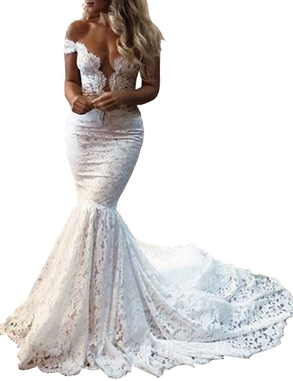Pretty Off The Shoulder Elegant Sheer Neck Mermaid Long Lace Wedding Dress Y0128