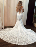 Pretty Off The Shoulder Elegant Sheer Neck Mermaid Long Lace Wedding Dress Y0128