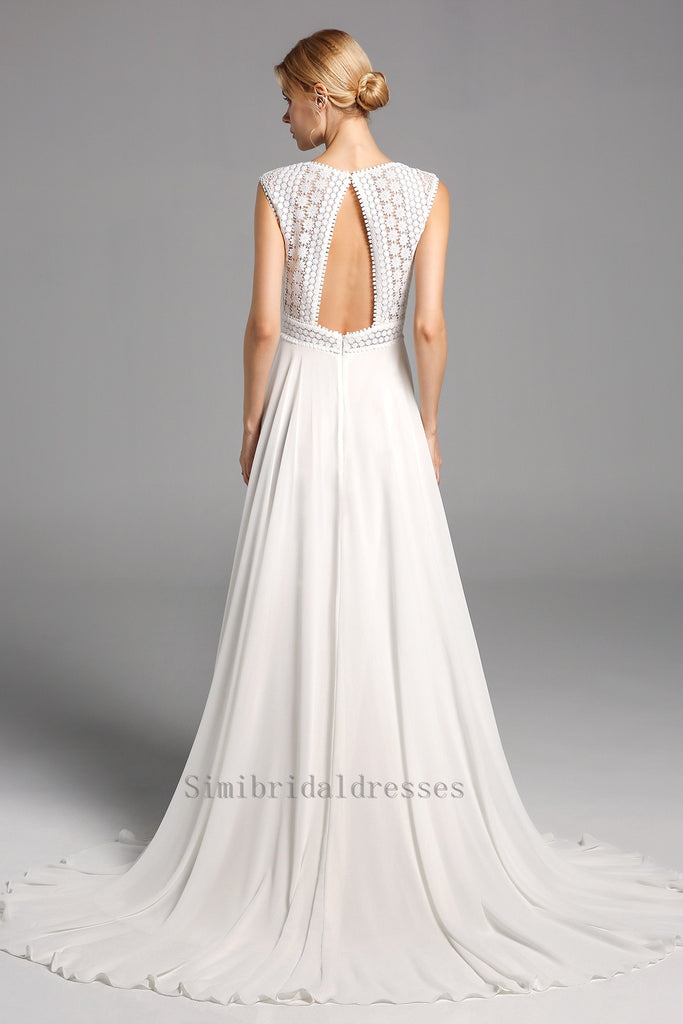 Charming Lace Chiffon Open Back Long Beach Wedding Dresses Y0130