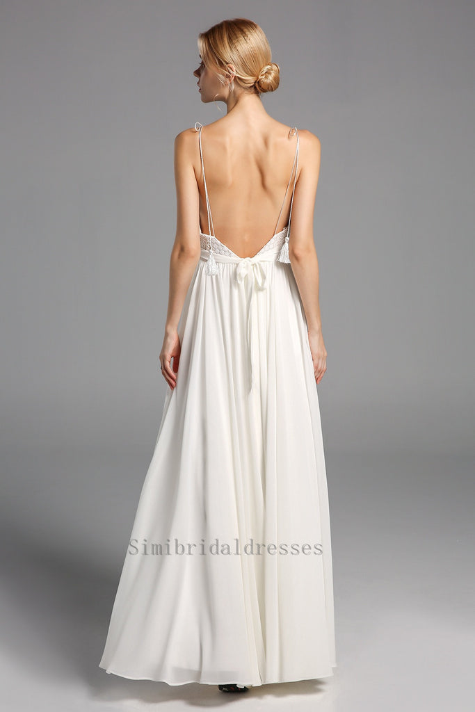 Elegant Spaghetti Straps V-Neck Lace Chiffon Long Beach Wedding Dress Y0131