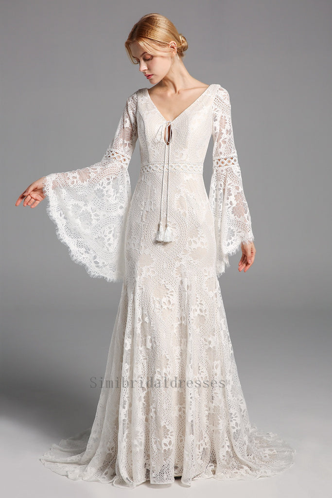 New Arrival Boho Long Sleeves Lace Beach Wedding Dress Chic Bridal Gowns Y0133
