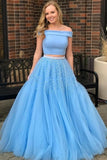 Classy Off The Shoulder Two Pieces Blue Long Prom Dresses For Teens Y0136