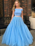 Classy Off The Shoulder Two Pieces Blue Long Prom Dresses For Teens Y0136
