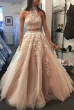 Two Pieces Halter Long A-line Prom Dresses With Appliques Y0137