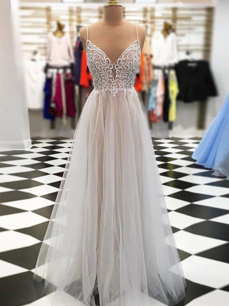 Modest Spaghetti Straps Flowy Long A-line Prom Dresses Y0142