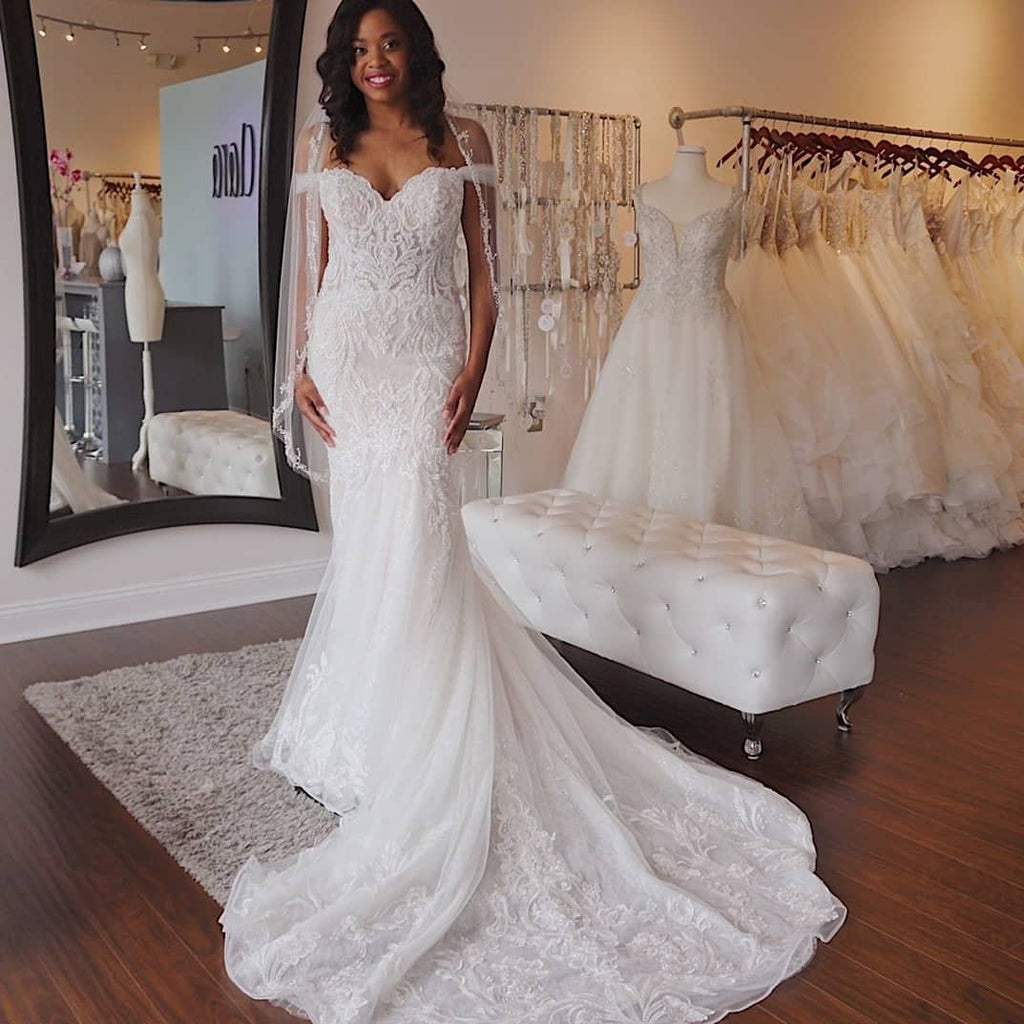 Off shoulder shop sheath wedding dress