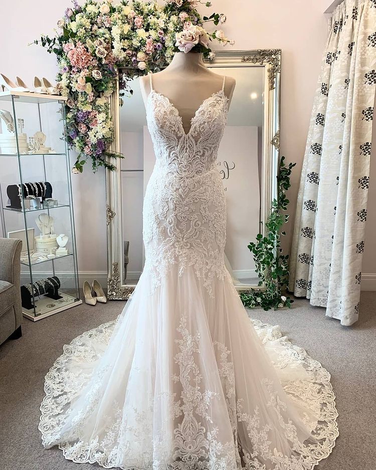 Formal Spaghetti Straps Long Mermaid Lace Wedding Dresses Bridal Gowns Y0146
