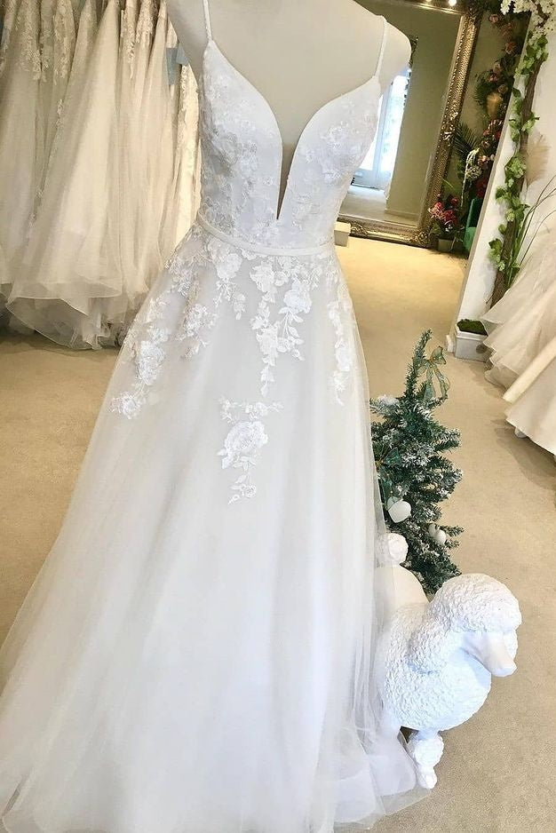 Elegant Floor Length Long Spaghetti Straps A Line Tulle Wedding Dresses With Appliques Y0150