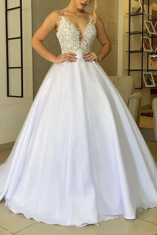 Modest Spaghetti Straps Satin Long Wedding Dresses For Women Y0161