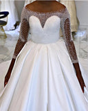 Gorgeous White Long Sleeves Ball Gown Beading Satin Long Wedding Dresses Y0162