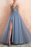 Cute Spaghetti Straps V-Neck Beading Long Front Split Prom Dresses Y0164