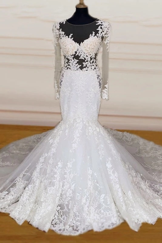 Elegant Long Scoop Neck Mermaid Wedding Dresses With Sleeves Y0168