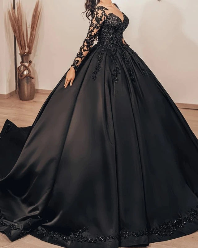 Modest Black Ball Gown Satin Beading Long Sleeves Princess Wedding Dre ...