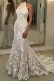 Charming Halter Backless Long Lace Wedding Dresses Bridal Gowns Y0170