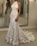 Charming Halter Backless Long Lace Wedding Dresses Bridal Gowns Y0170