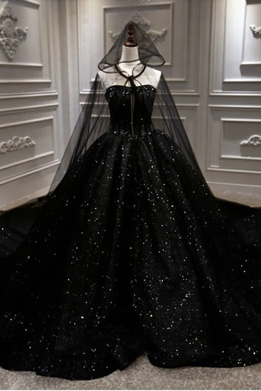 Sequin Shiny Strapless Black Ball Gown Princess Prom Dresses Y0171