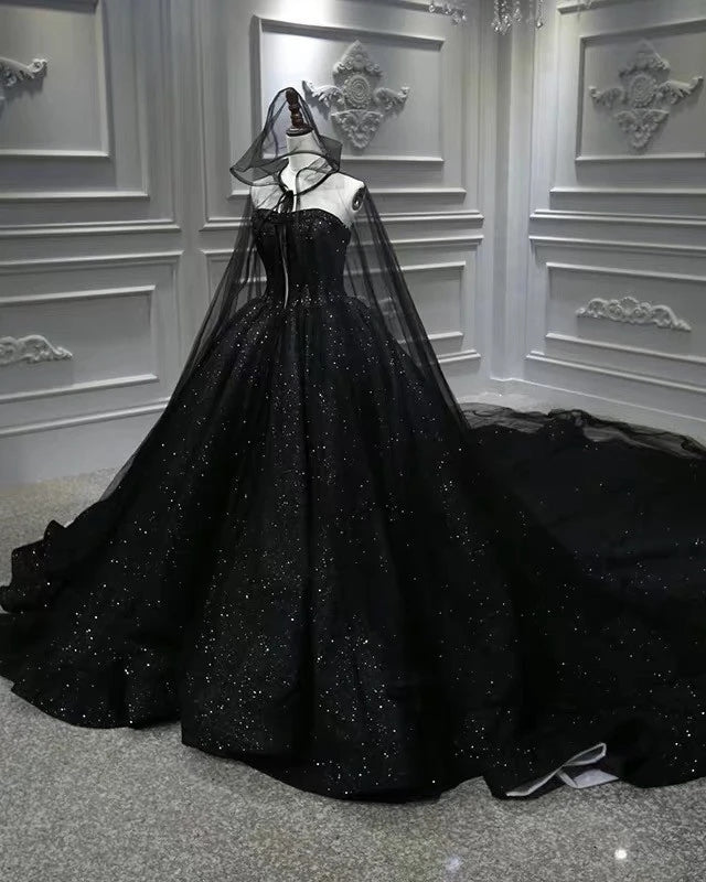Sequin Shiny Strapless Black Ball Gown Princess Prom Dresses Y0171