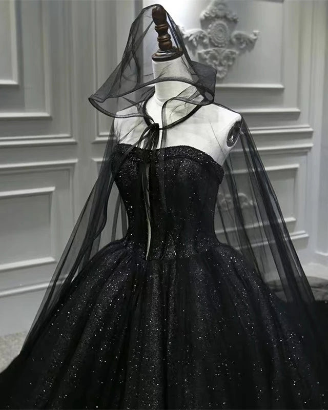 Sequin Shiny Strapless Black Ball Gown Princess Prom Dresses Y0171