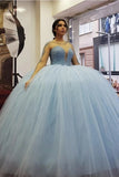 Pretty Light Sky Blue Beading Tulle Ball Gown Princess Prom Dresses Y0172