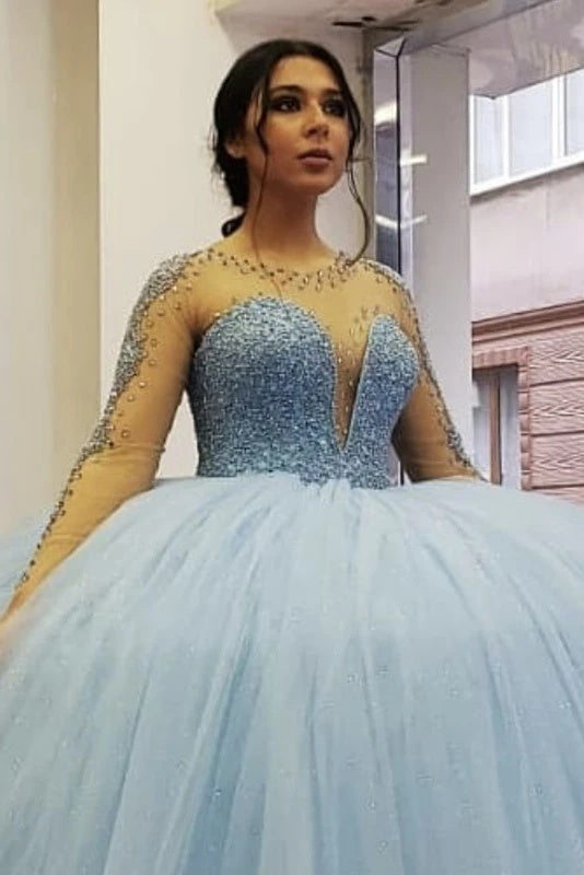 Pretty Light Sky Blue Beading Tulle Ball Gown Princess Prom Dresses Y0172
