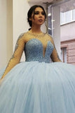 Pretty Light Sky Blue Beading Tulle Ball Gown Princess Prom Dresses Y0172