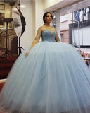 Pretty Light Sky Blue Beading Tulle Ball Gown Princess Prom Dresses Y0172