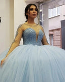 Pretty Light Sky Blue Beading Tulle Ball Gown Princess Prom Dresses Y0172
