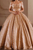 Gorgeous Off The Shoulder Gold Lace Ball Gown Prom Dresses Quinceanera Dresses Y0173