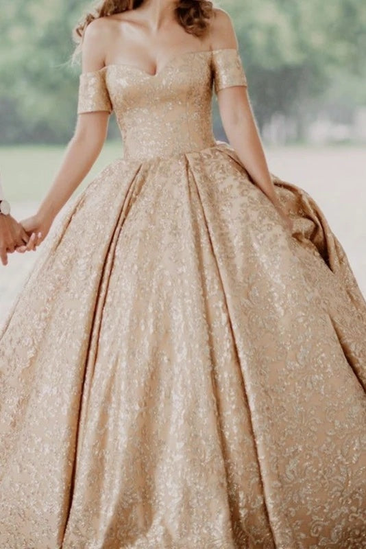 Gorgeous Off The Shoulder Gold Lace Ball Gown Prom Dresses Quinceanera Dresses Y0173