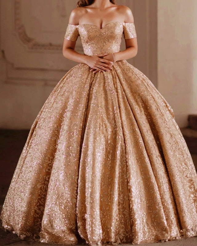 Gorgeous Off The Shoulder Gold Lace Ball Gown Prom Dresses Quinceanera Dresses Y0173