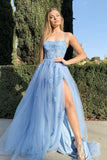 Charming Spaghetti Straps Front Split Blue Tulle Long Prom Dresses