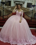 Ball Gown Long Sleeves Lace Appliqued Tulle Light Pink Sweet 16 Prom Dress