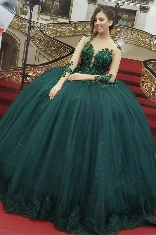 Long Sleeves Green Prom Dresses Glitter Ball Gown Princess Dresses Y0181