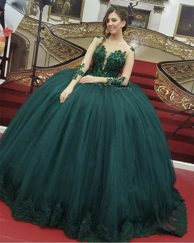 Long Sleeves Green Prom Dresses Glitter Ball Gown Princess Dresses Y0181
