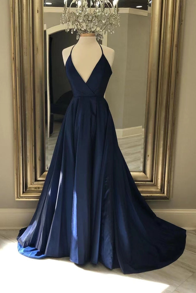 Chic Spaghetti Straps V-neck Navy Blue Long Prom Dresses Y0188