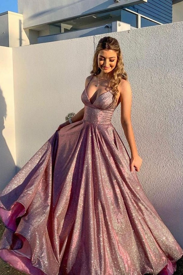 Sequin Shiny Long A Line Spaghetti Straps Party Prom Dresses Y0194