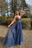 Pretty Beading Blue V-neck Floor Length Long Prom Dresses For Teens Y0195