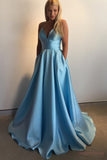 Spaghetti Straps A Line Light Blue Long Prom Dresses With Pocket Y0198